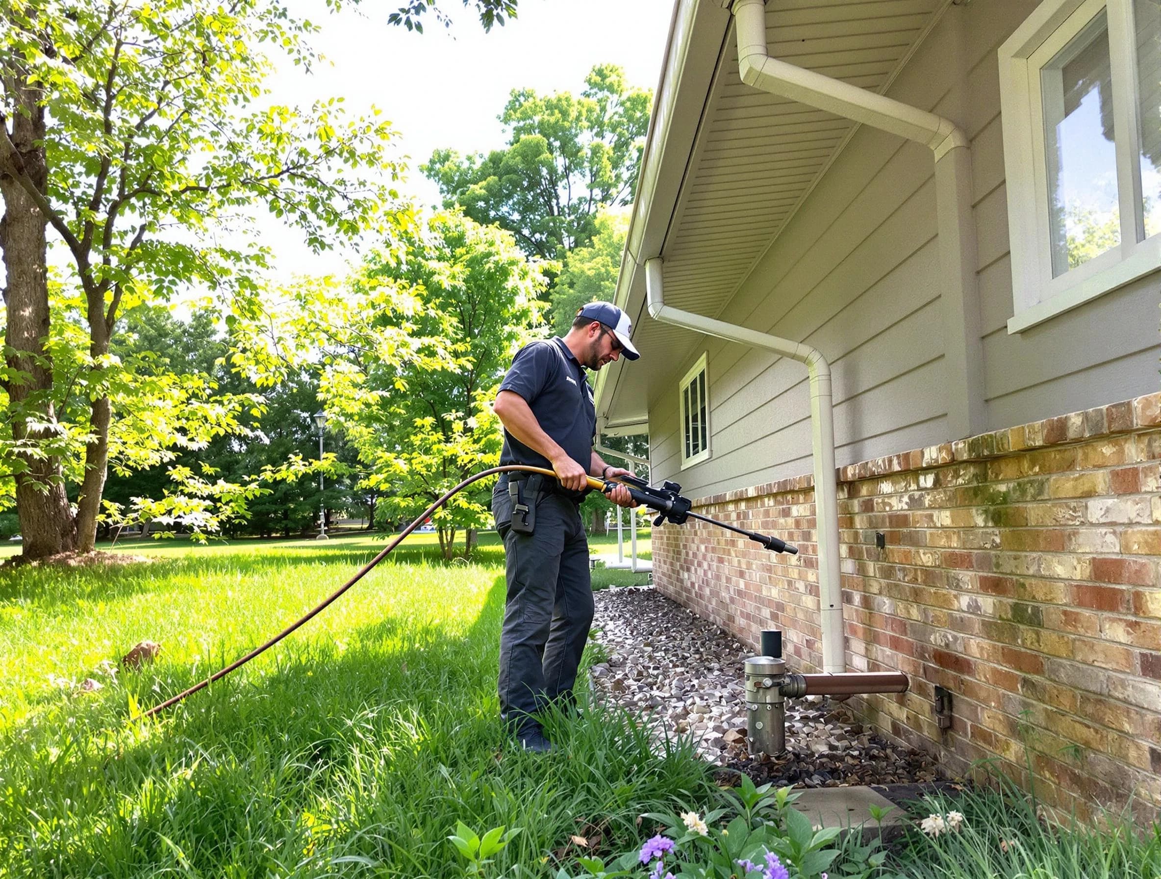 Painesville Roofing Company removing debris from a downspout in Painesville, OH