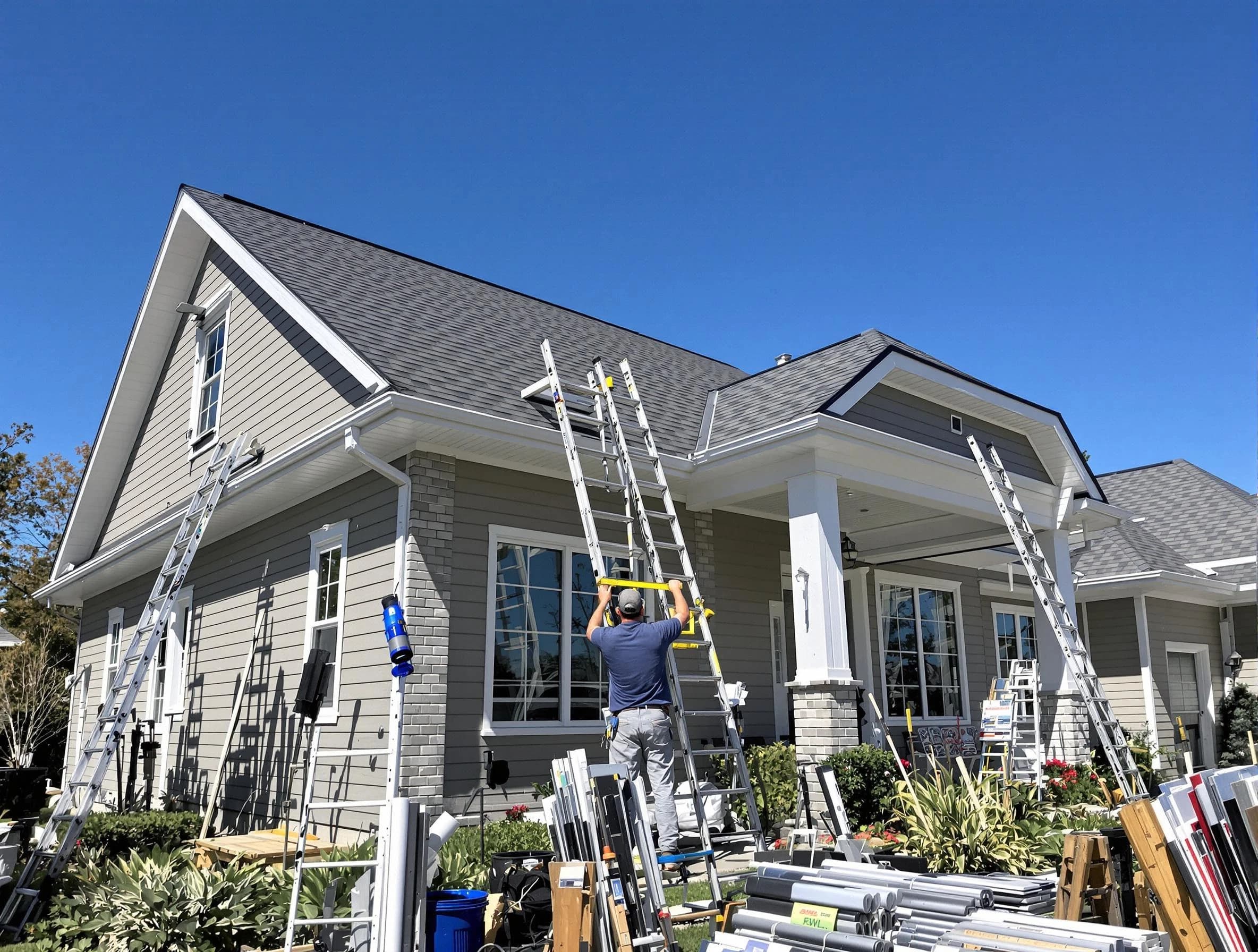 Painesville Roofing Company fitting rain gutters at a home in Painesville, OH